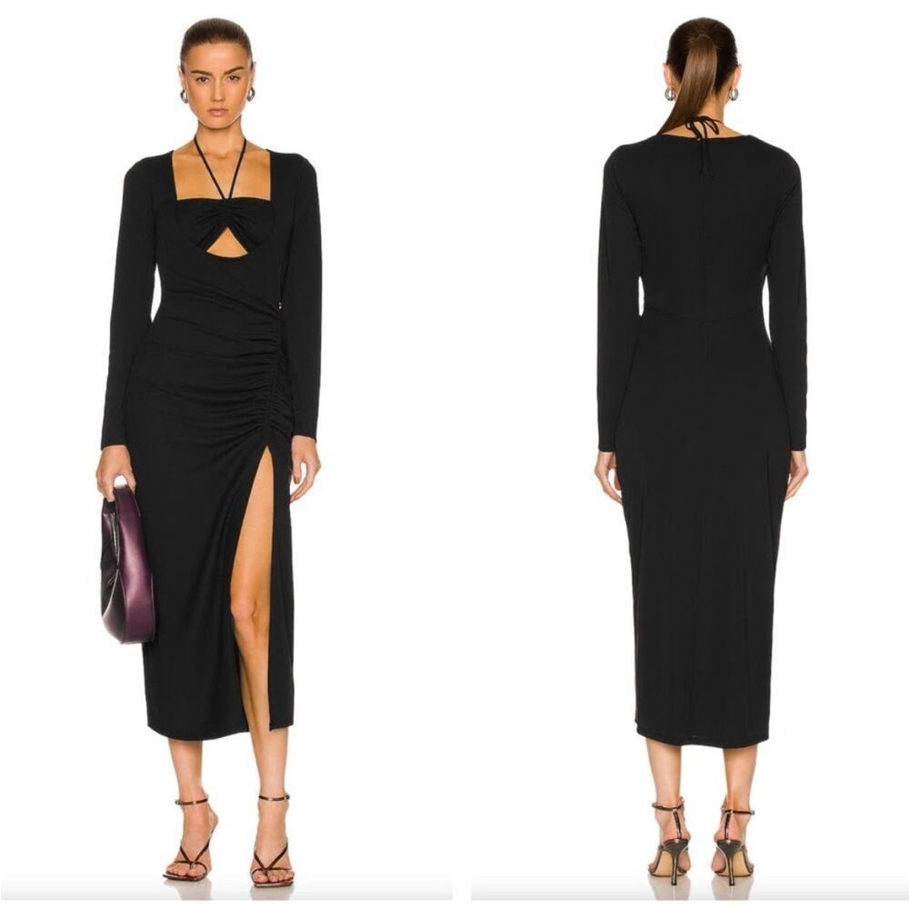 NICHOLAS Nadia Ruched Bandeau Halterneck Tie Black Midi Women's Party Dress Sz 0